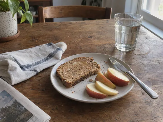 A simple breakfast and a glass of water