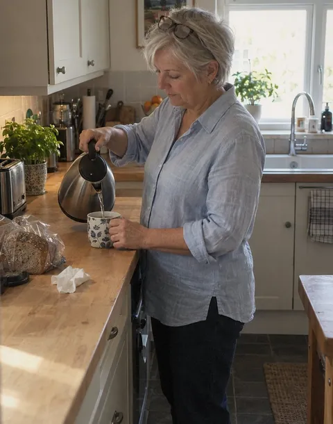 Illustrative morning scene: a woman preparing tea at home