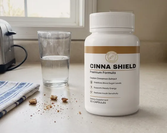 CinnaShield bottle standing on a kitchen counter next to a glass of water