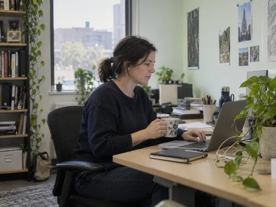 Illustrative workplace scene: a woman using a laptop